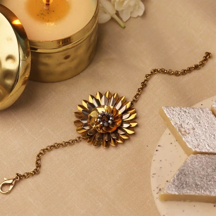 Handmade Blooming Lotus Floral Metal Bracelet Rakhi With Roli Chawal