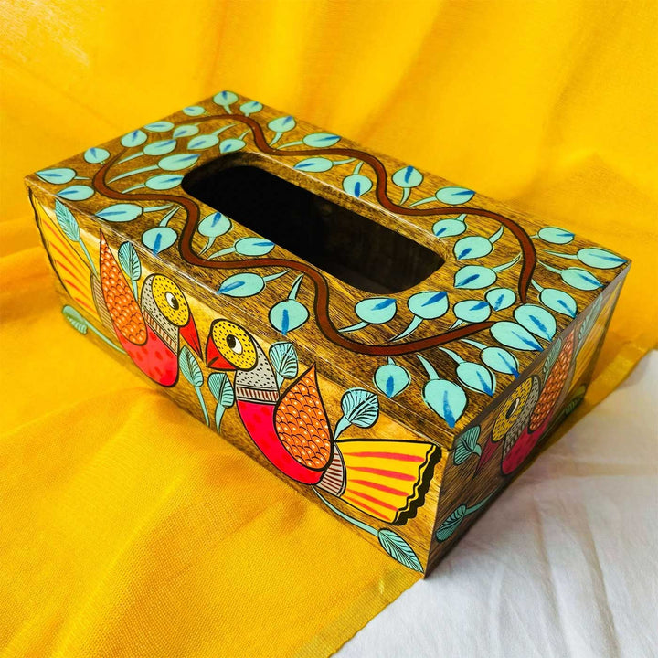 Hand-Painted Pattachitra Parinda Wooden Tissue Box