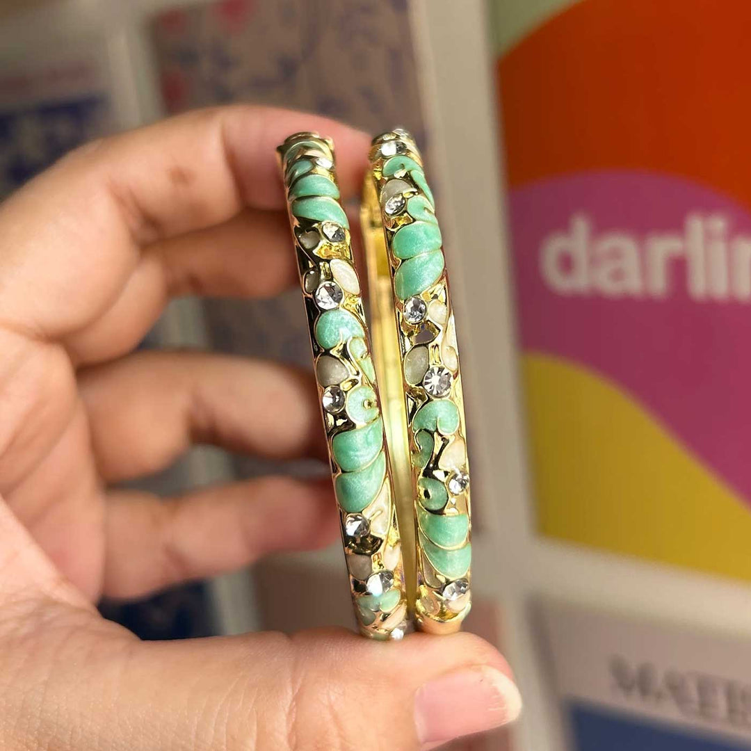 Handcrafted Petal Enamel Crystal Studded 18K Gold Plated Stainless Steel Openable Bangle- Mint & Ivory