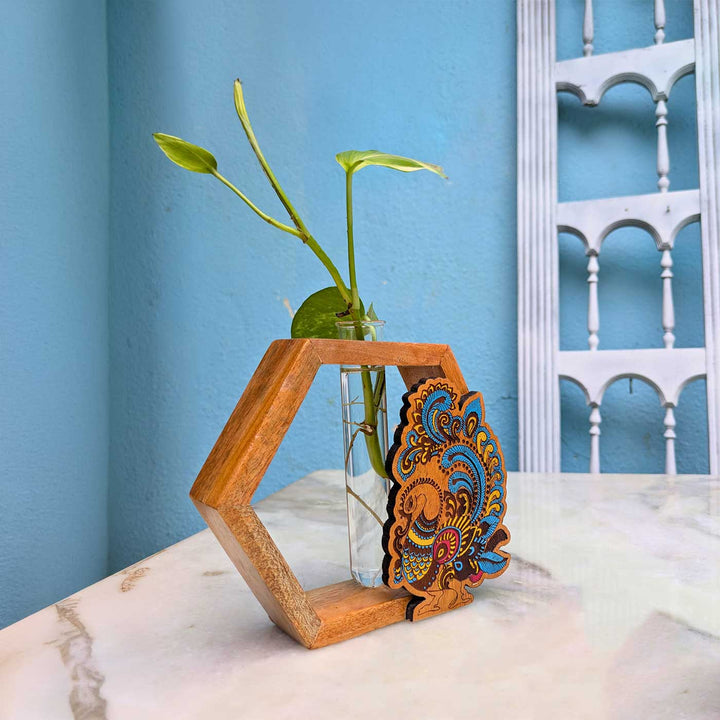 Hand-Painted Annam Wooden Hexagon Test Tube Planter For Home Decor