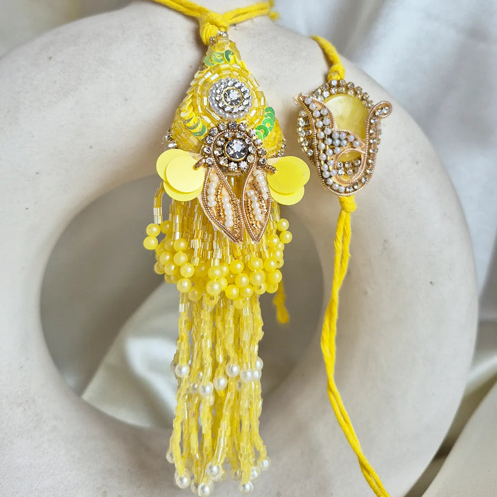 Handmade Beaded & Stone Embellished Yellow Bhaiya Bhabhi Rakhi | Set Of 2