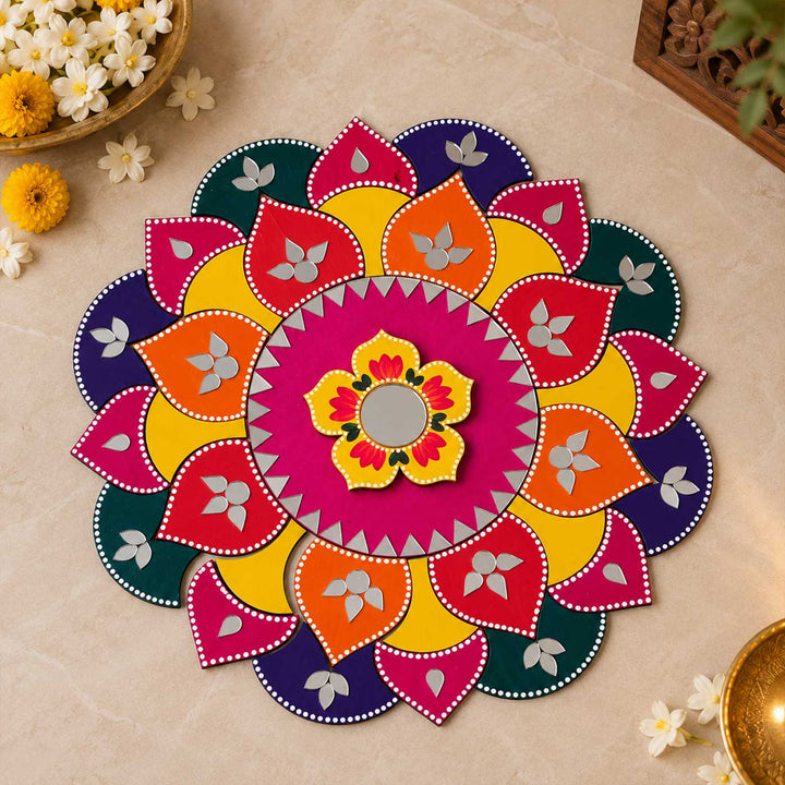 33 pc | 15 Inch Reusable Gulabi Pushpa Mirror Work Floral Mandala MDF Rangoli for Festive Decor