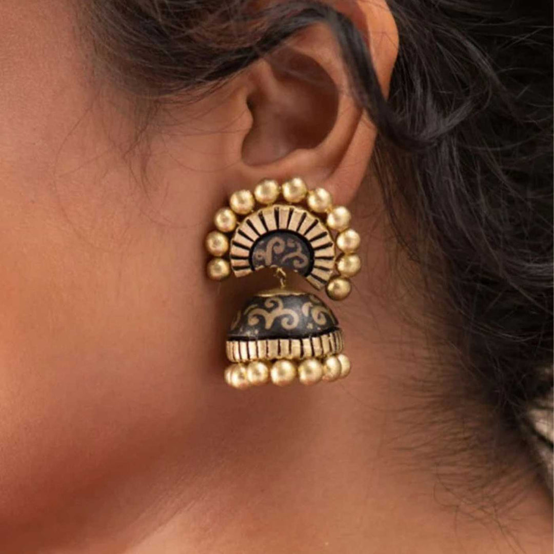Handmade Beaded Black & Golden Terracotta Earrings