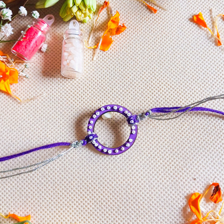 Handmade Round Beads Wooden Rakhi With Roli Chawal For Brother - Front View with Decorative Items (3)
