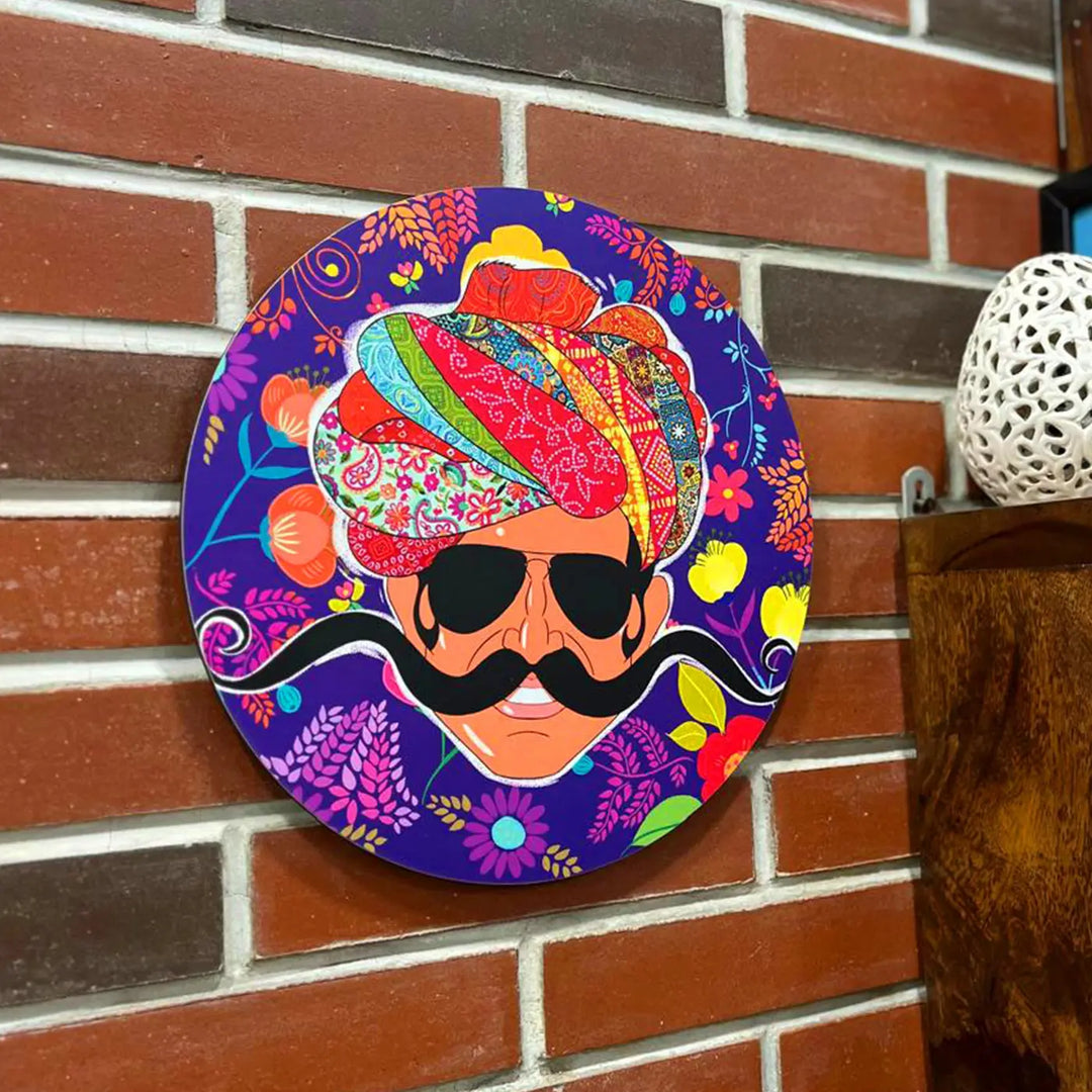 Printed Round Rajasthani Man Theme MDF Wood Wall Decor