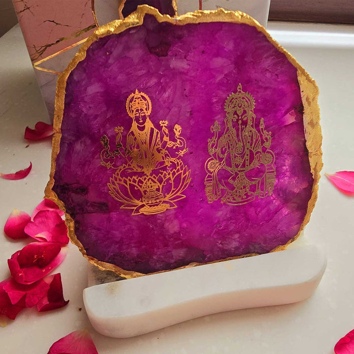 Handmade Pink Laxmi Ganesha Agate Decor With Marble Tea Light Holder