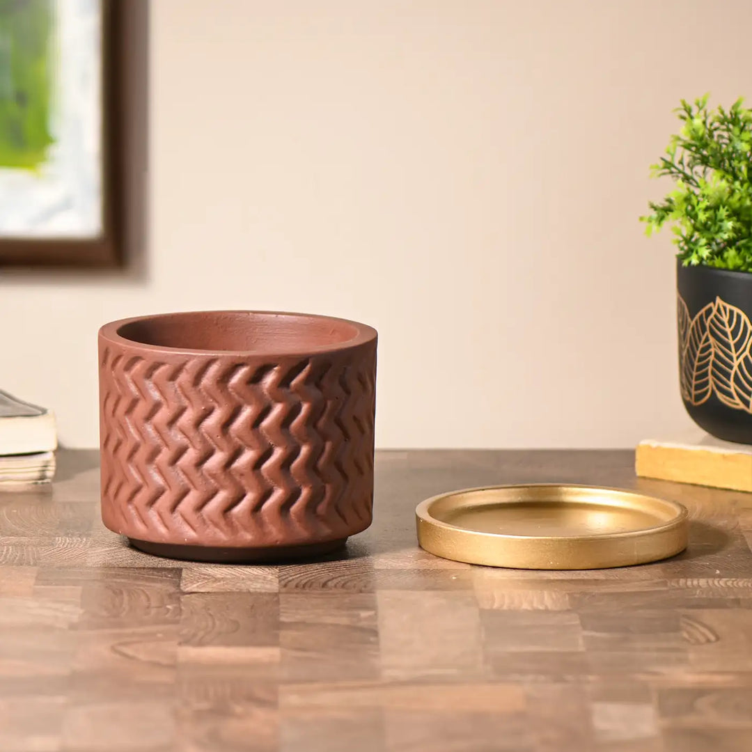 Handmade Brown Terracotta Planter With Gold Tray