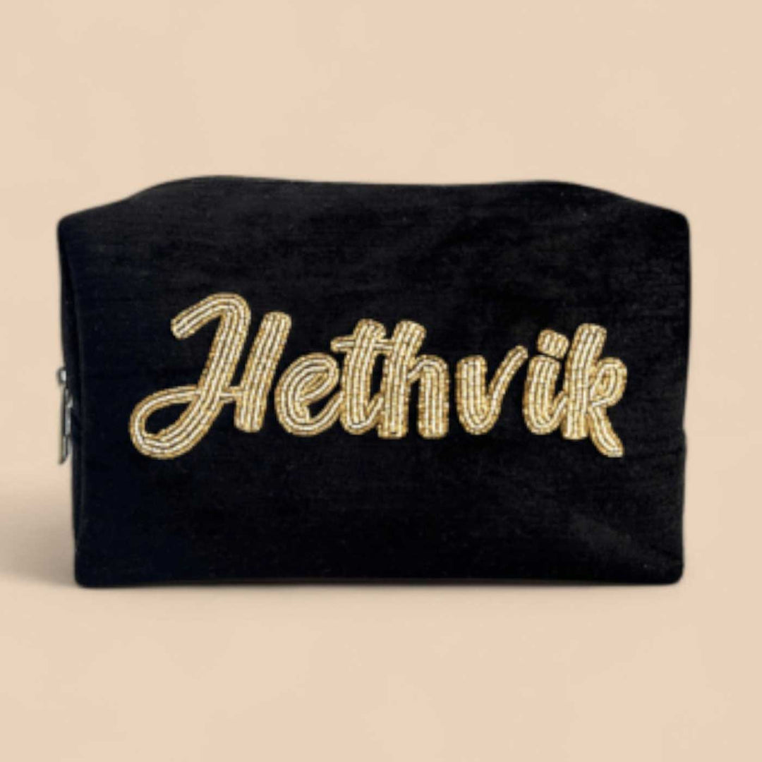 Personalized Handmade Embroidered Gold Letters Solid Black Pouch