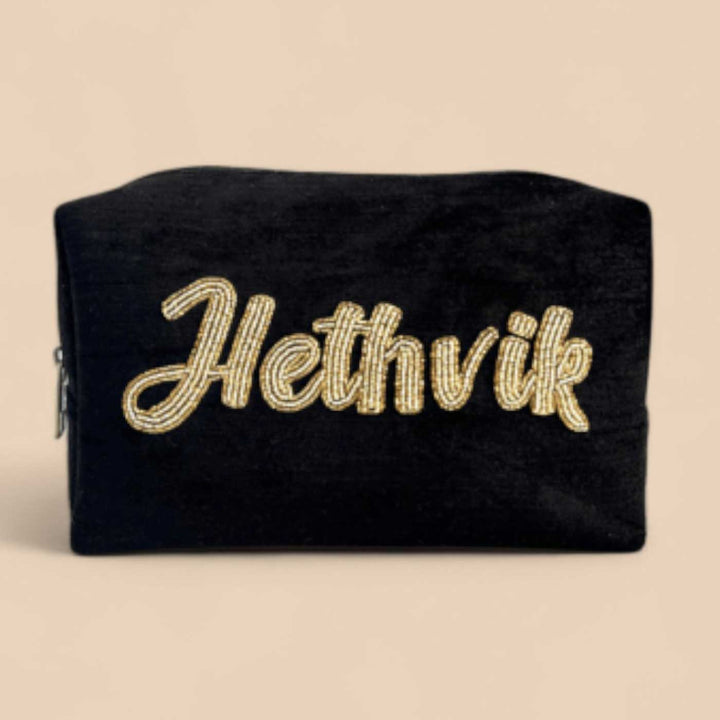 Personalized Handmade Embroidered Gold Letters Solid Black Pouch