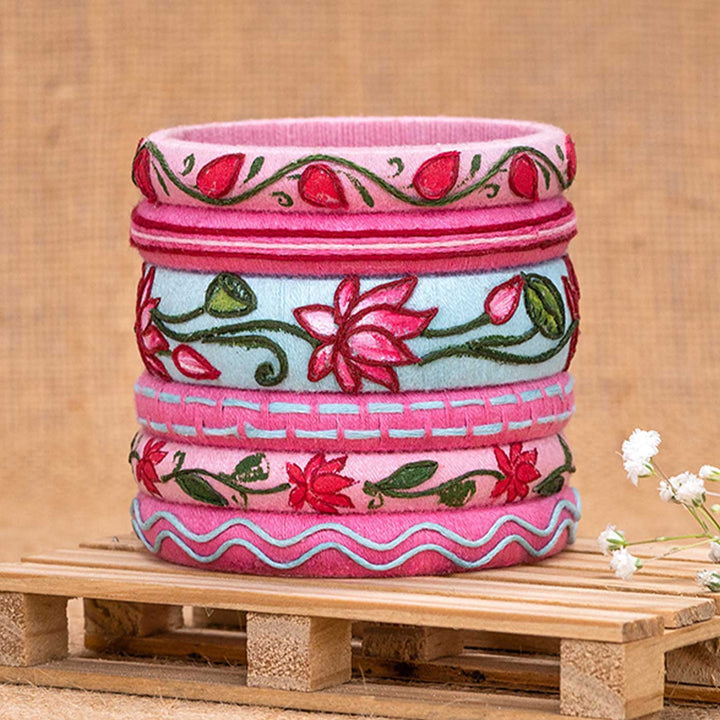 Blue & Pink Handcrafted Lotus Bangles | Set of 6