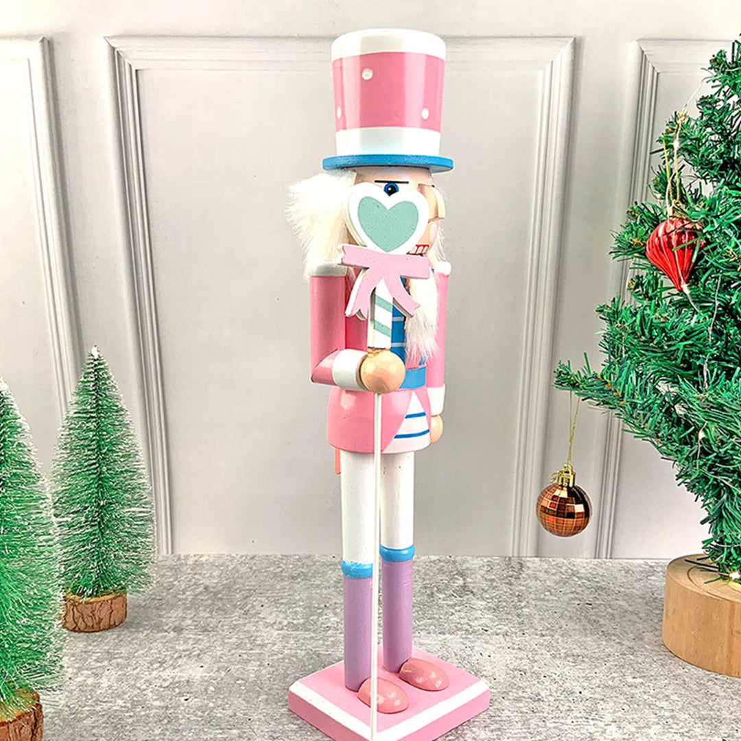 Pastel Pink Heart Nutcracker Self-Standing Wooden Decor For Christmas Table Decoration