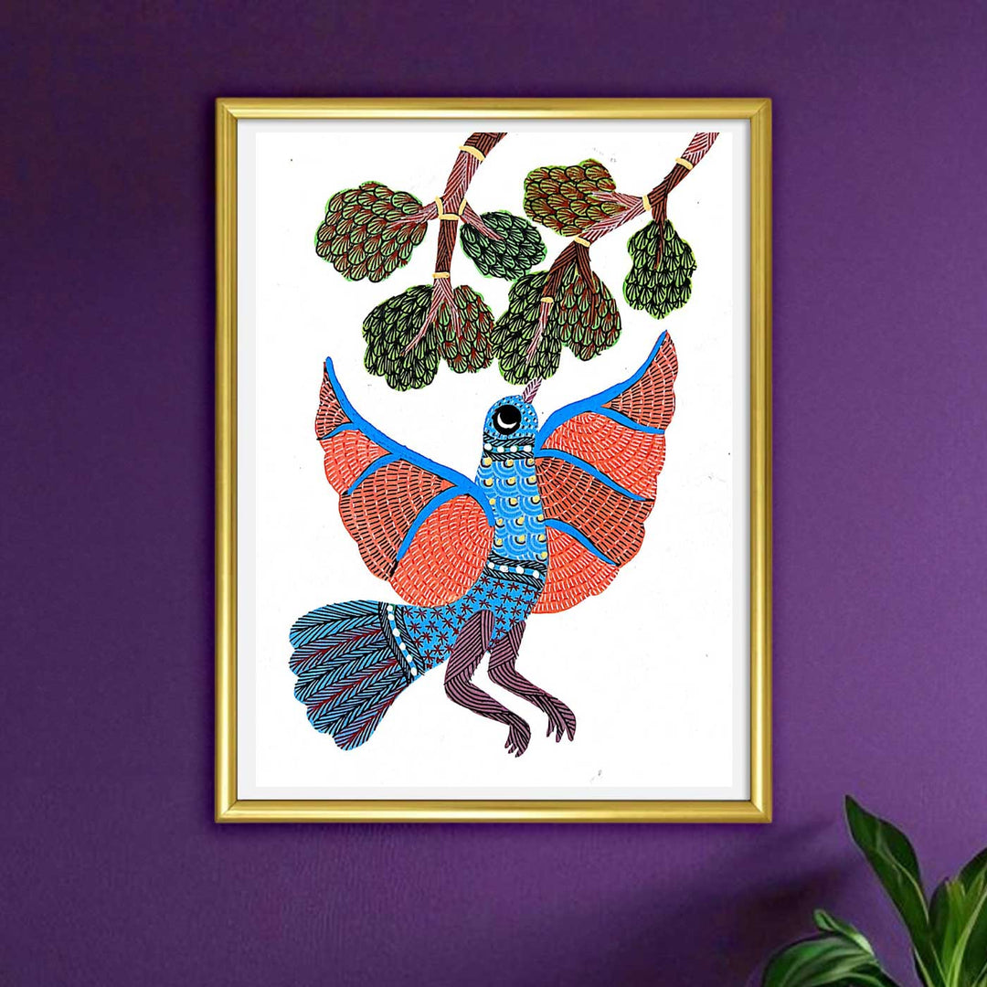 6 x 8 Inch | Bird Reaching Tree | Original Hand painted Tribal Gond Art Painting | Acrylic Paints On Paper