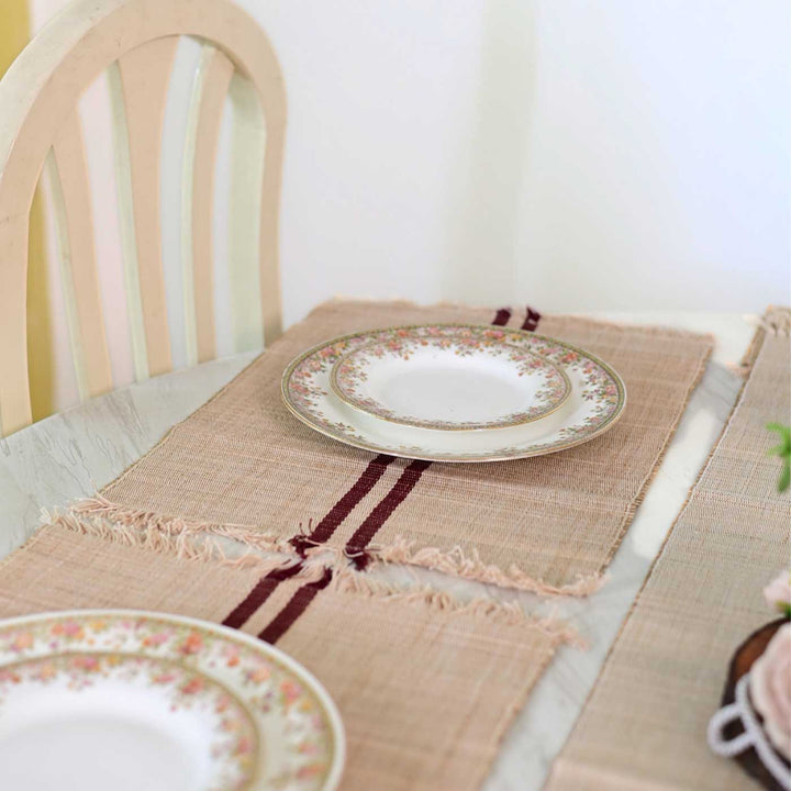 Hand Woven Double Maroon Stripped Madhurkati Table Mat | 15 x 11 inch
