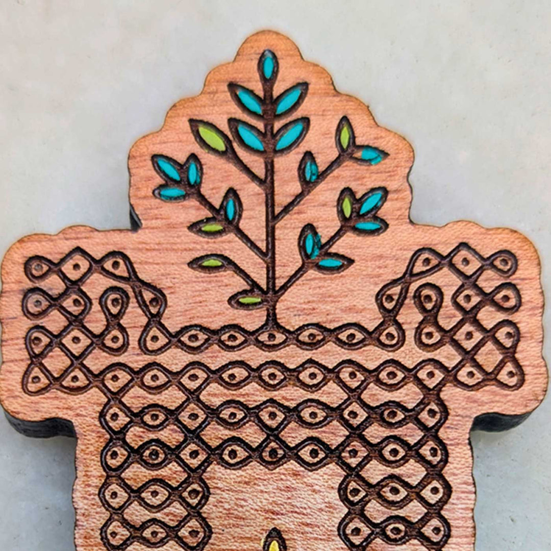 Engraved & Hand-Painted Thulasi Maadam-Inspired Kolam Mahogany Wood Fridge Magnet