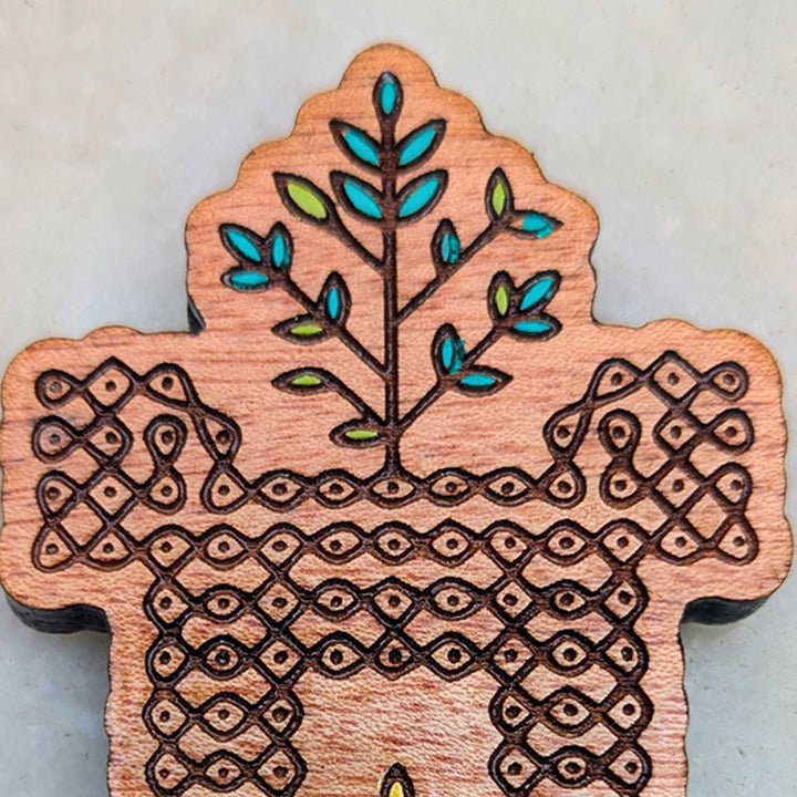 Engraved & Hand-Painted Thulasi Maadam-Inspired Kolam Mahogany Wood Fridge Magnet