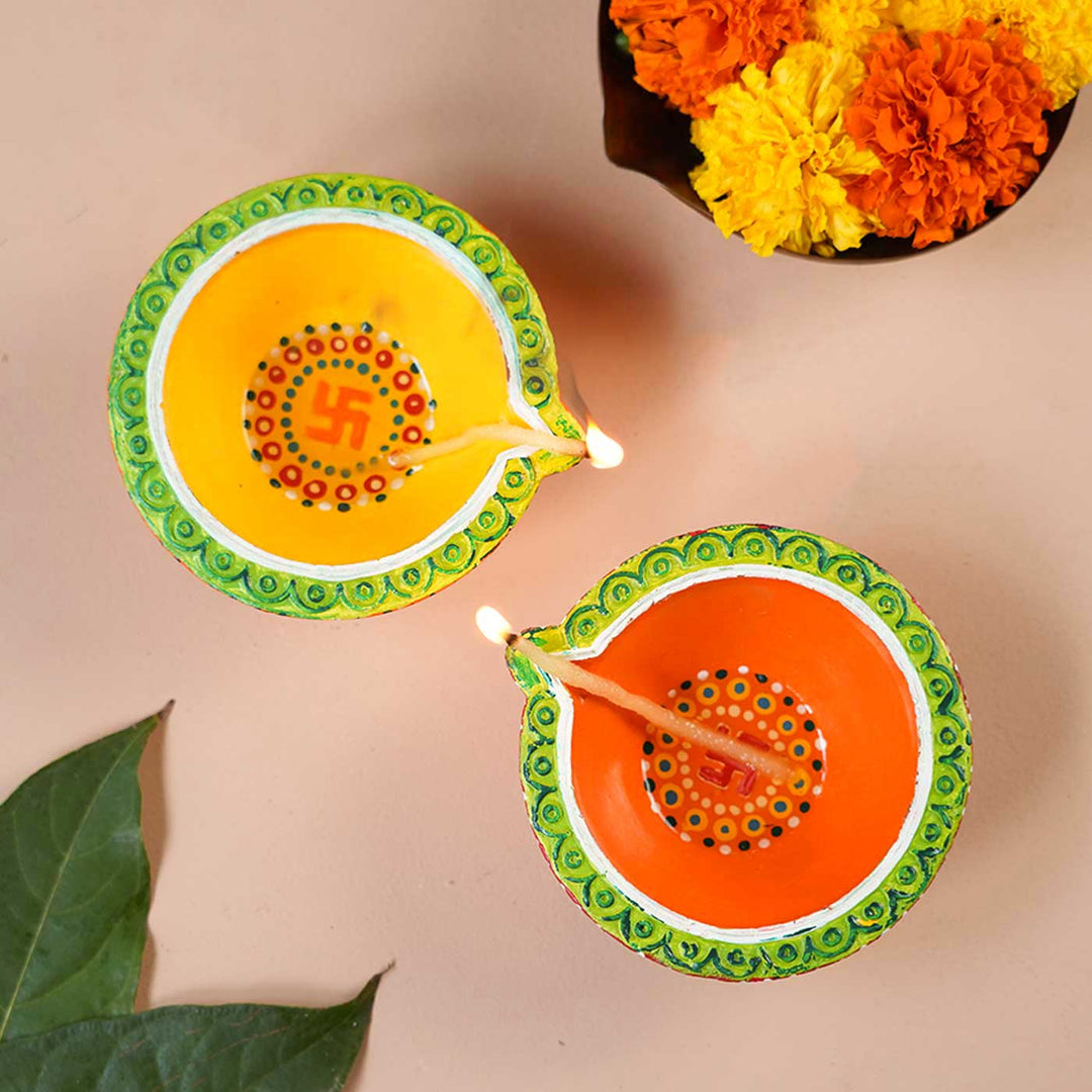 Set of 8 | Handmade Big Round Clay Oil Lamp / Diya
