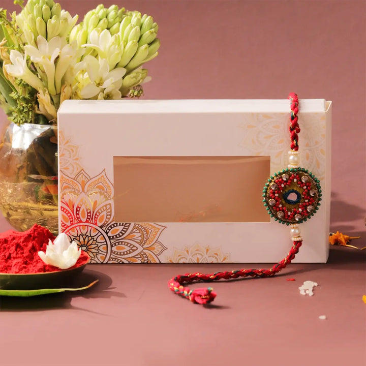 Handmade Embroidered & Beaded Ethnic Rakhi With Roli Chawal