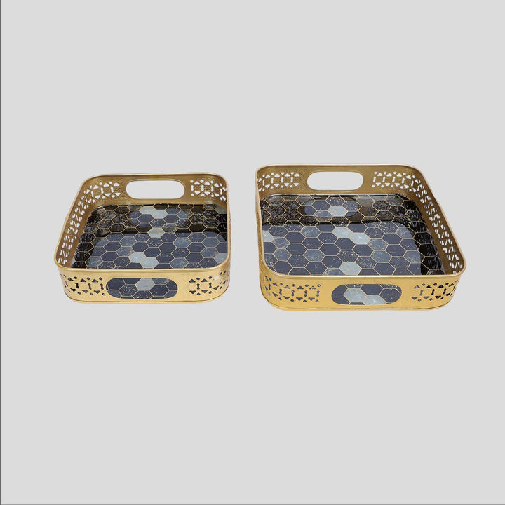Handmade Black & Grey Blocks Meena Tray | Set Of 2