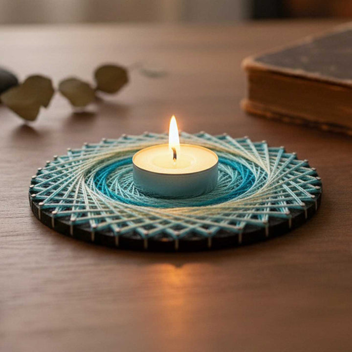 Handmade String Art Round Wooden Tealight Holder With Tealight Candle