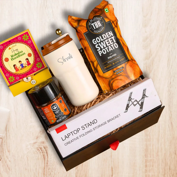 Personalized Cool Bro Rakhi Hamper | Includes 1 Mug, 1 Laptop Stand, 1 Coffee Powder, 1 Munchies & 1 Rakhi