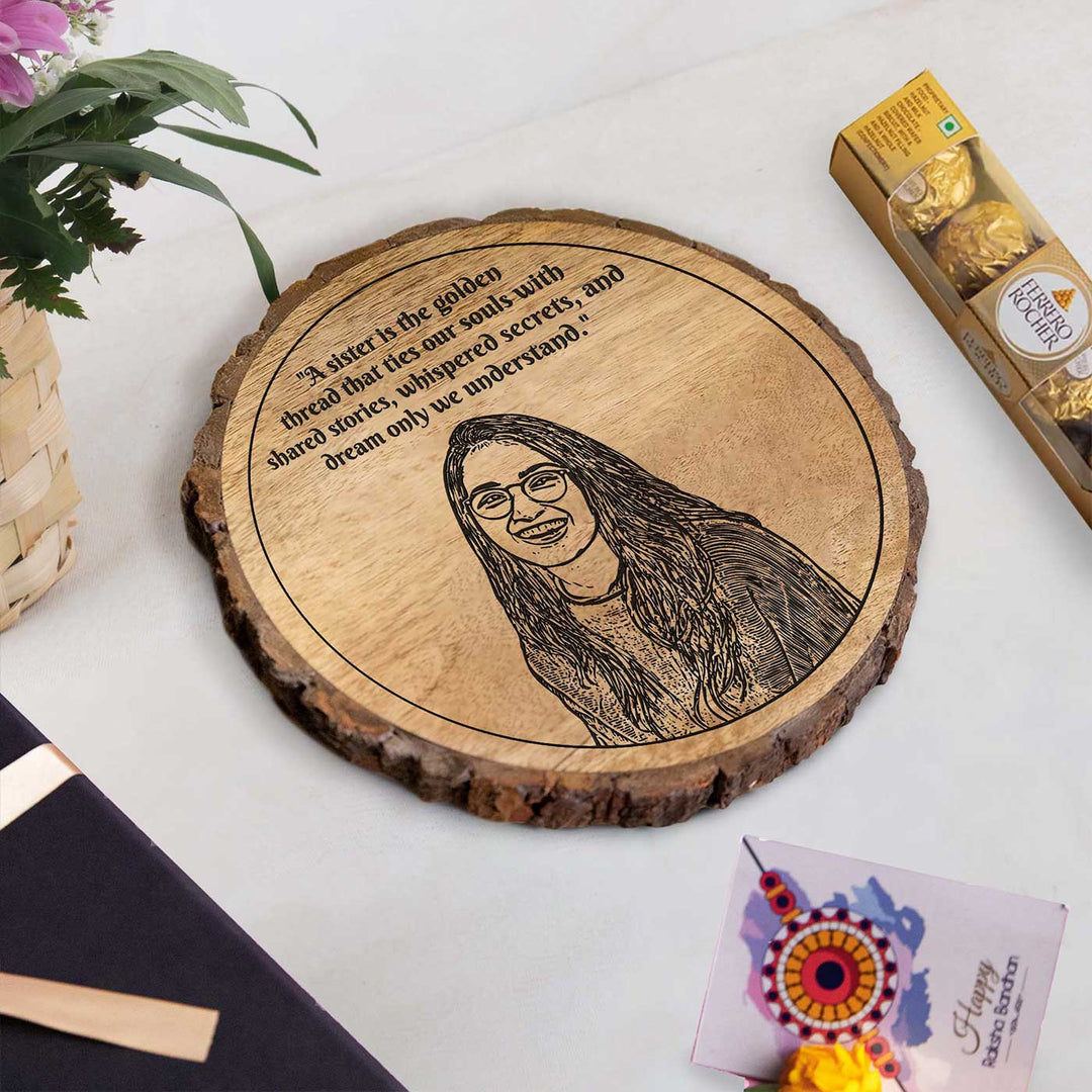 Photo Personalized Engraved Sister Theme Wooden Decorative Plaque Rakhi Hamper | Includes 1 Plaque, 1 Chocolate & 1 Card
