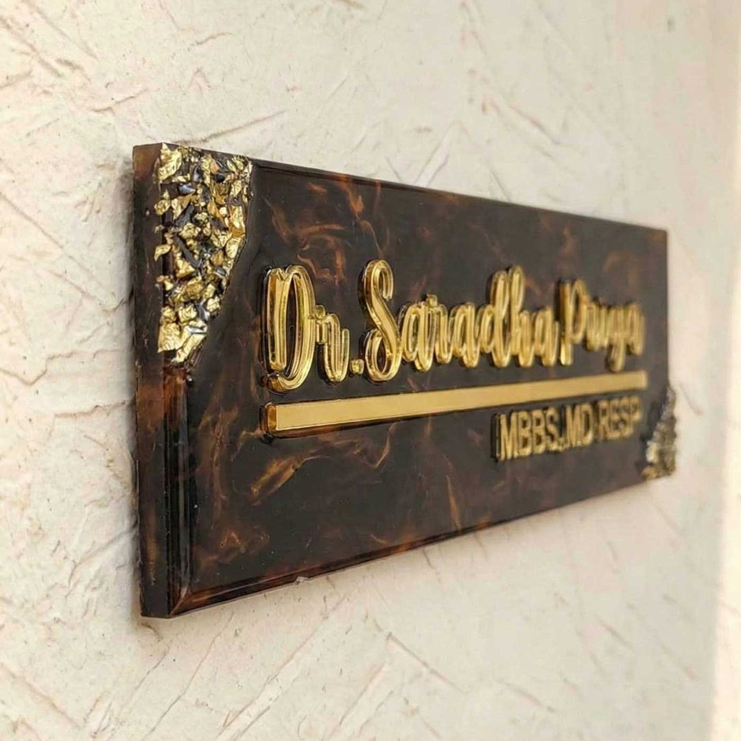 Handmade Resin Black & Gold Rectangle Marbled Name Plate for Doctors