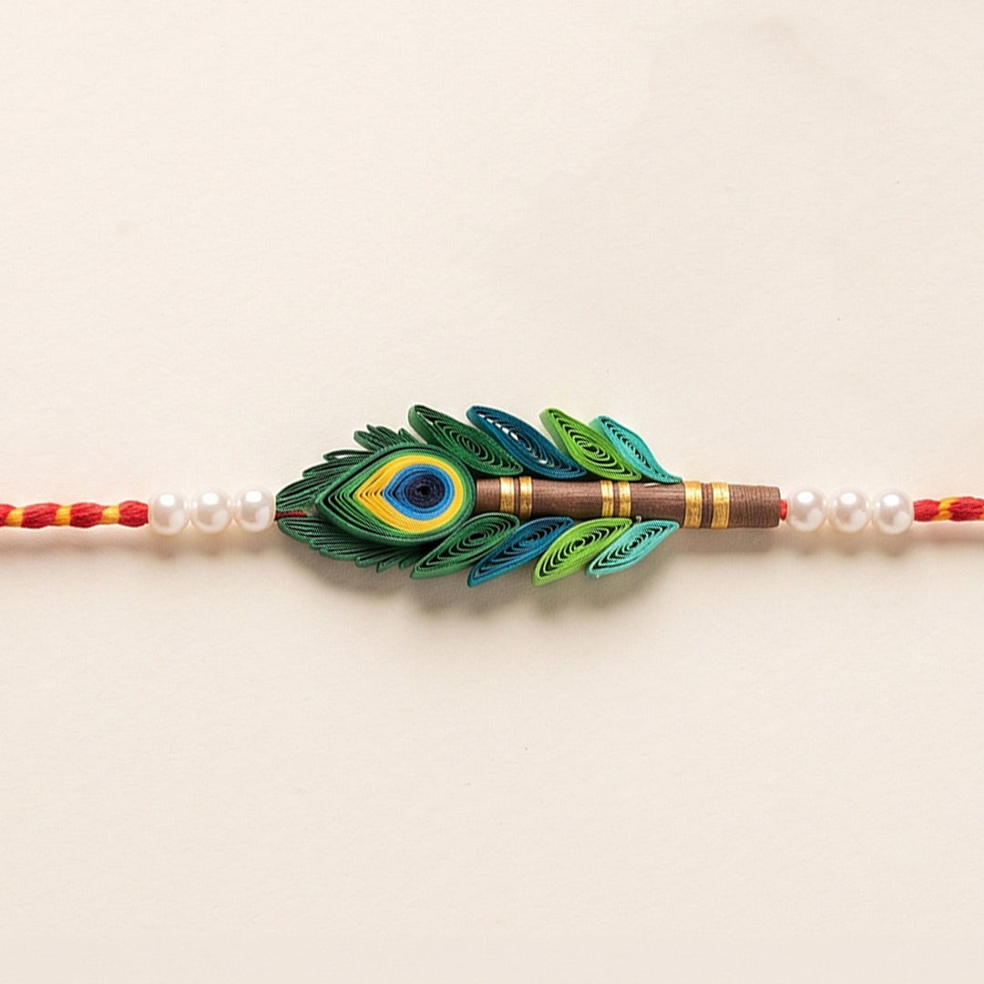 Handmade Paper Quilled Peacock Rakhi With Roli Chawal For Brother
