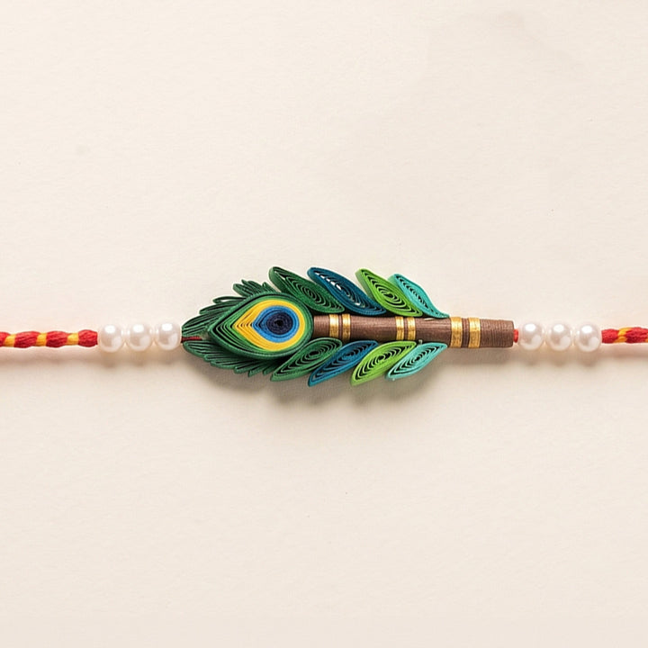 Handmade Paper Quilled Peacock Rakhi With Roli Chawal For Brother