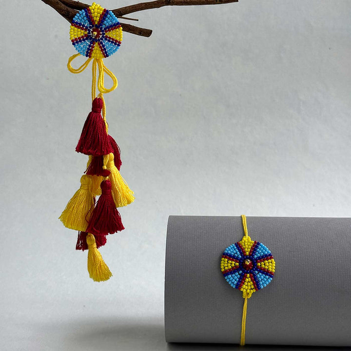 Customized Handmade Beaded Chakri Design Lumba Rakhi For Bhabhi With Roli Chawal - Alternate Color Hanging with Rolled Display