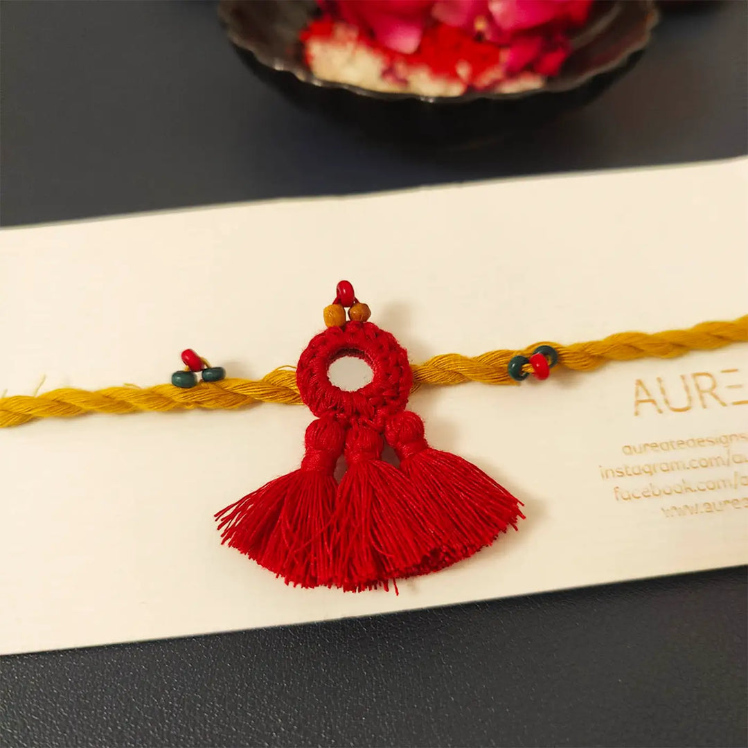 Handmade Mirror Work & Tassels Rakhi With Roli Chawal