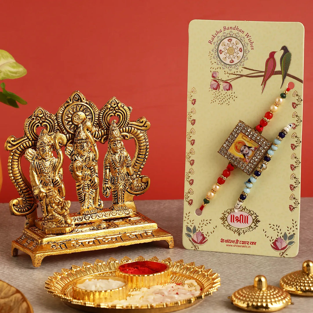 Handmade Shri Ram Rakhi Hamper | Includes 1 Ramdarbar Idol, 2 Rakhis, 1 Roli Chawal