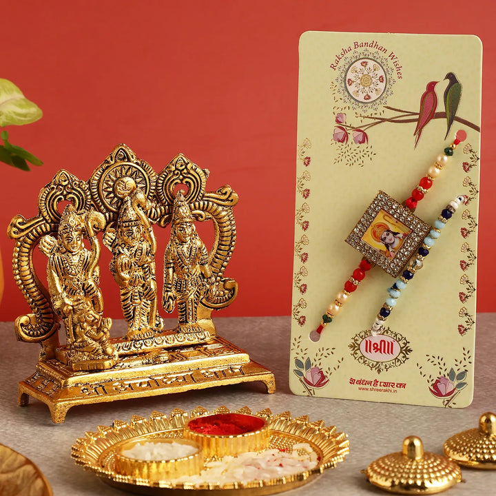 Handmade Shri Ram Rakhi Hamper | Includes 1 Ramdarbar Idol, 2 Rakhis, 1 Roli Chawal