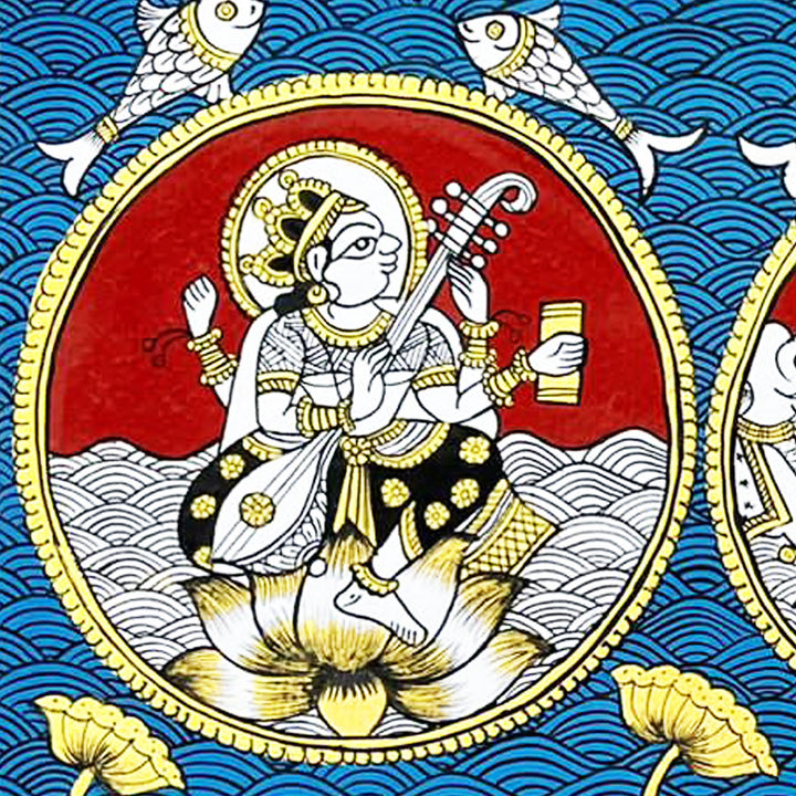 6.5 X 14 Inch | Saraswati Lakshmi Ganesh Paper Phad Painting