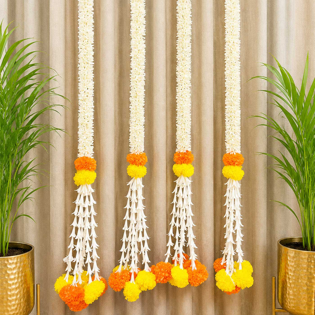 Handcrafted Artificial Jasmine & Marigold Yellow And Orange Flower Hangings For Festive Decor