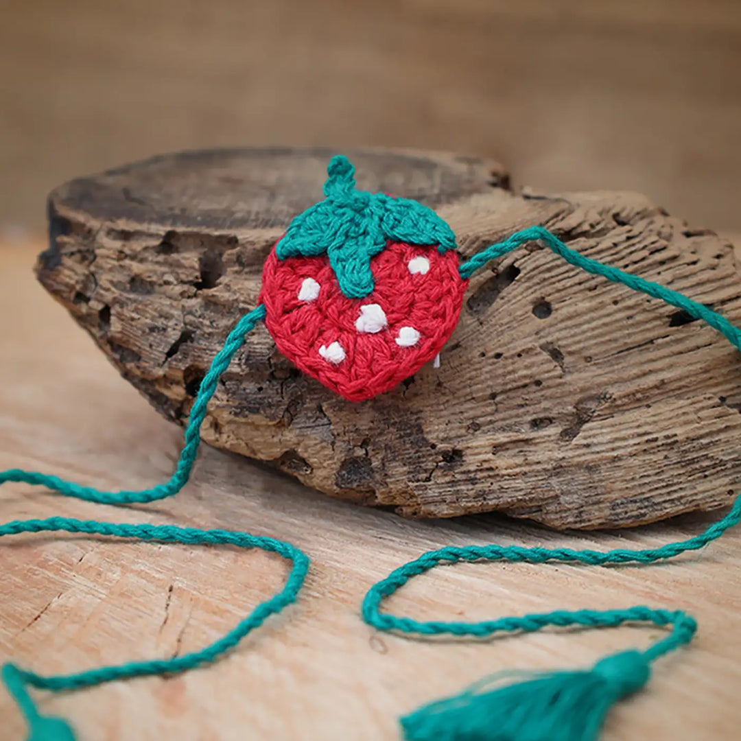 Handmade Crochet Strawberry Theme Kids Rakhi With Roli Chawal