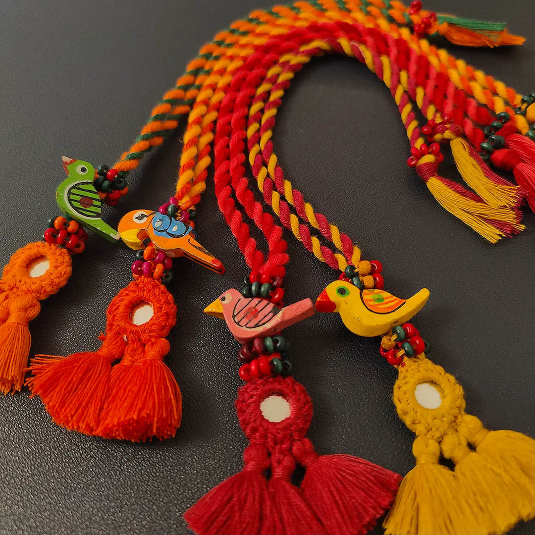 Handmade Mirror Work Multicolour Bird Lumba Rakhi For Bhabhi With Roli Chawal | Set Of 4