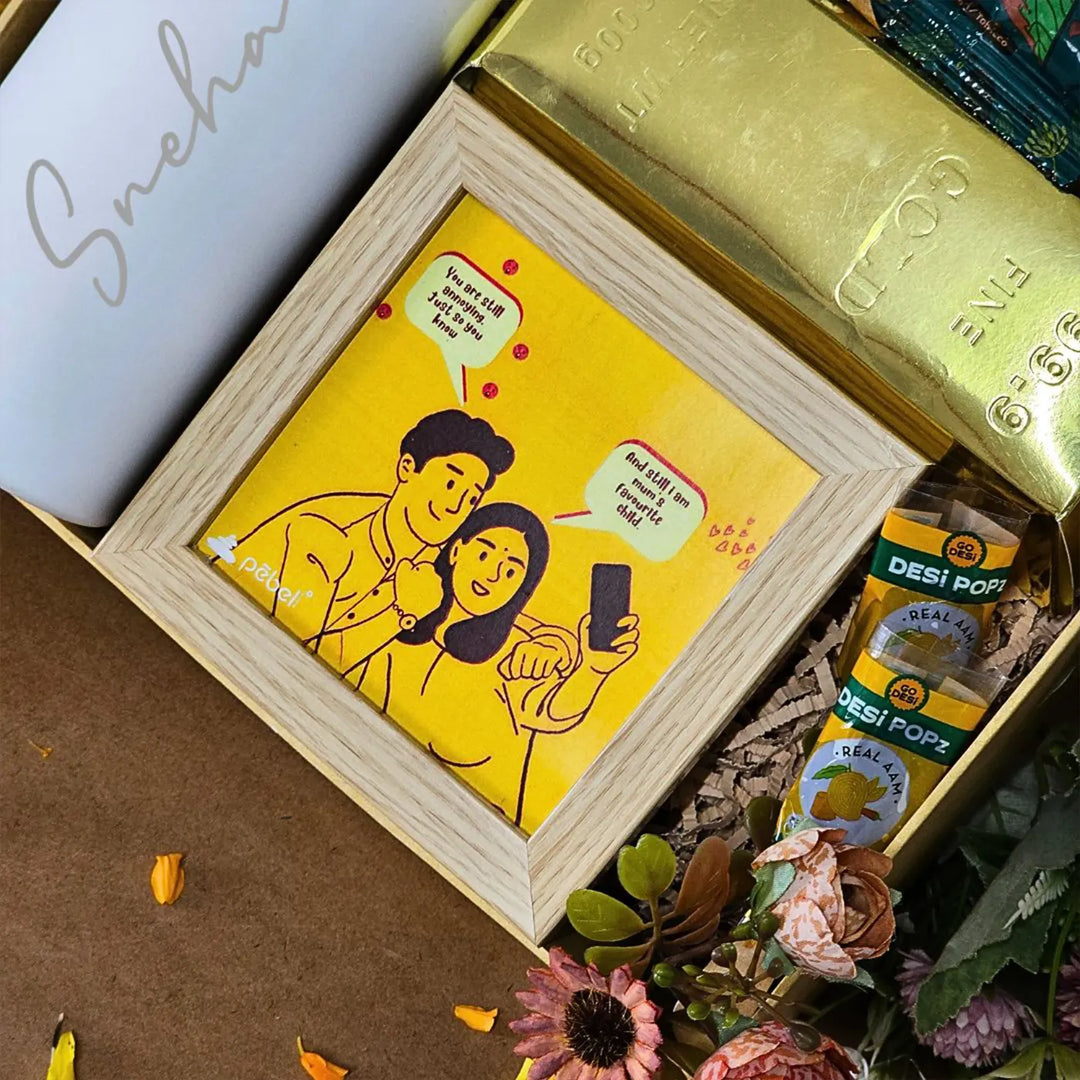 Personalized Bachpan Ki Yaadien Rakhi Hamper | Includes 1 Bottle, 1 Photo Frame, 1 Fridge Magnet, 2 Paan Mints, 1 Dry Fruit Box & 2 Desi Pops