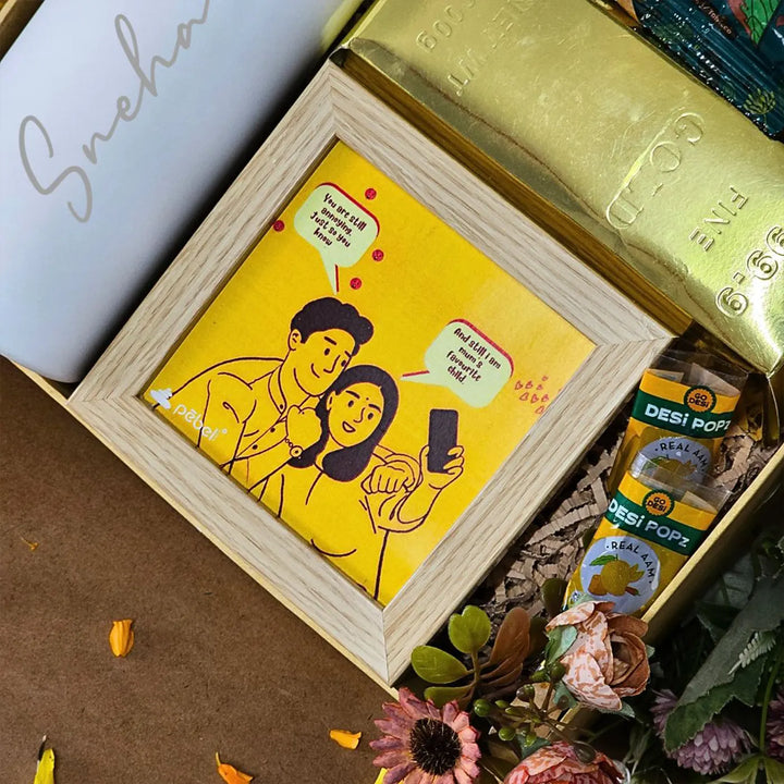 Personalized Bachpan Ki Yaadien Rakhi Hamper | Includes 1 Bottle, 1 Photo Frame, 1 Fridge Magnet, 2 Paan Mints, 1 Dry Fruit Box & 2 Desi Pops