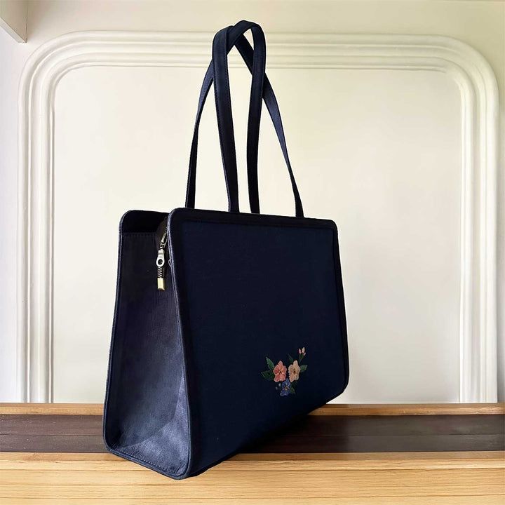 Personalized Hand Embroidered Blue Floral Tote Bag