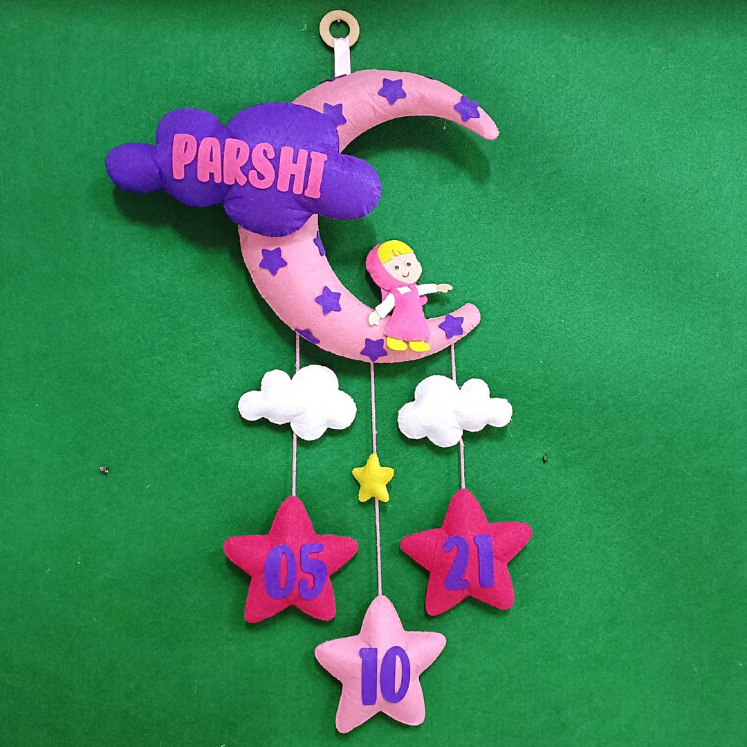 Personalized Handmade Masha Theme Moon & Cloud Felt Kids Name Plate with Birthdate