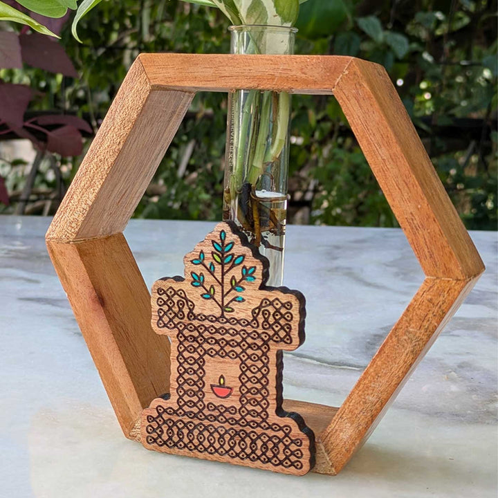 Hand-Painted Tulasi Maadam Wooden Hexagon Test Tube Planter For Home Decor