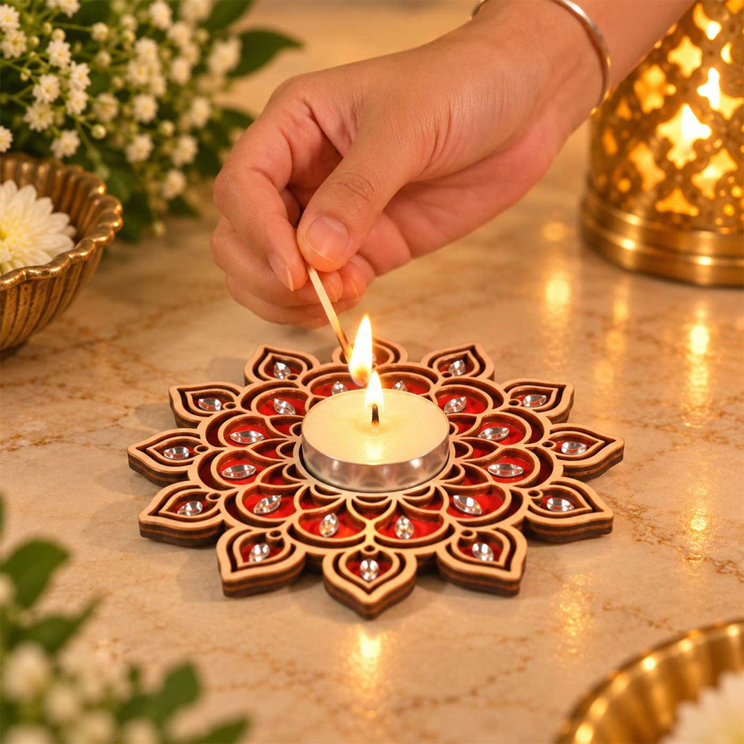 Handcrafted Heritage Mandala Red Wooden Tealight Holder with Mirror Accents