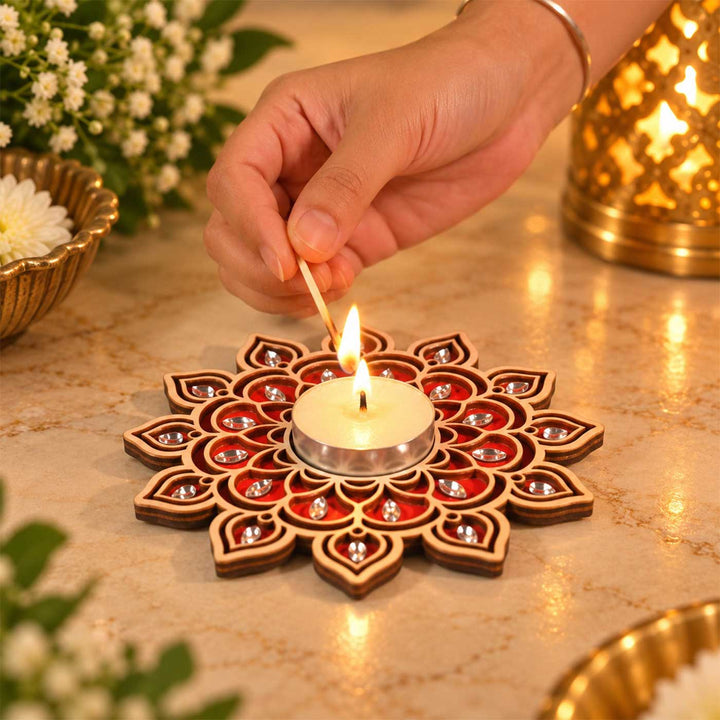 Handcrafted Heritage Mandala Red Wooden Tealight Holder with Mirror Accents