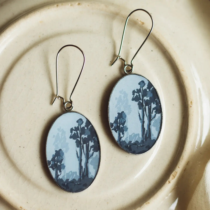 Illustrated Vintage Forest Design Resin & Stainless Steel Earrings
