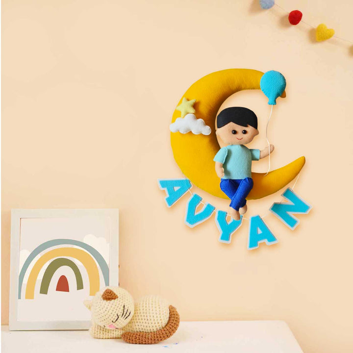 Personalized Handmade Baby On Moon Felt Kids Name Plate