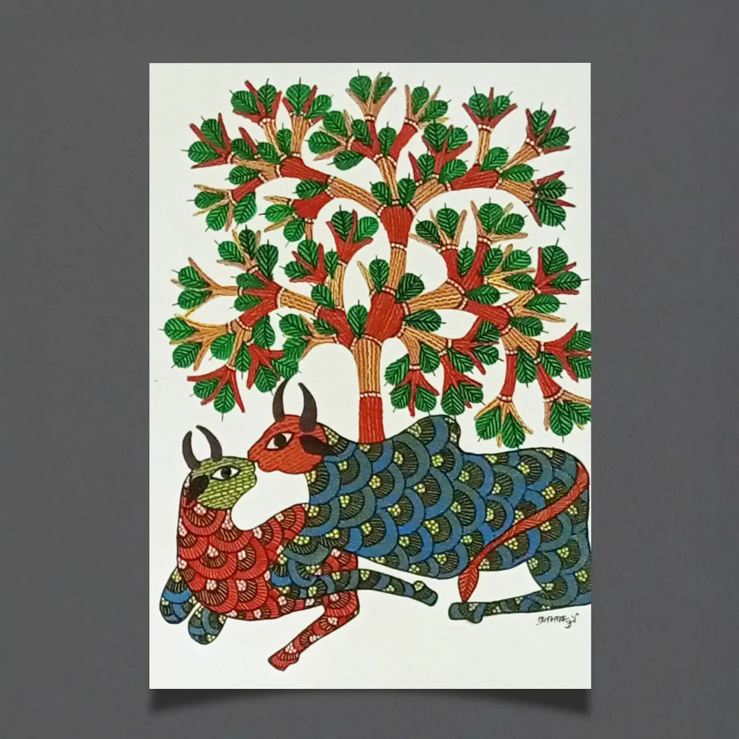 11 x 16 Inch | Two Resting Bulls | Original Hand Painted Tribal Gond Art Painting | Acrylic Paint On Paper