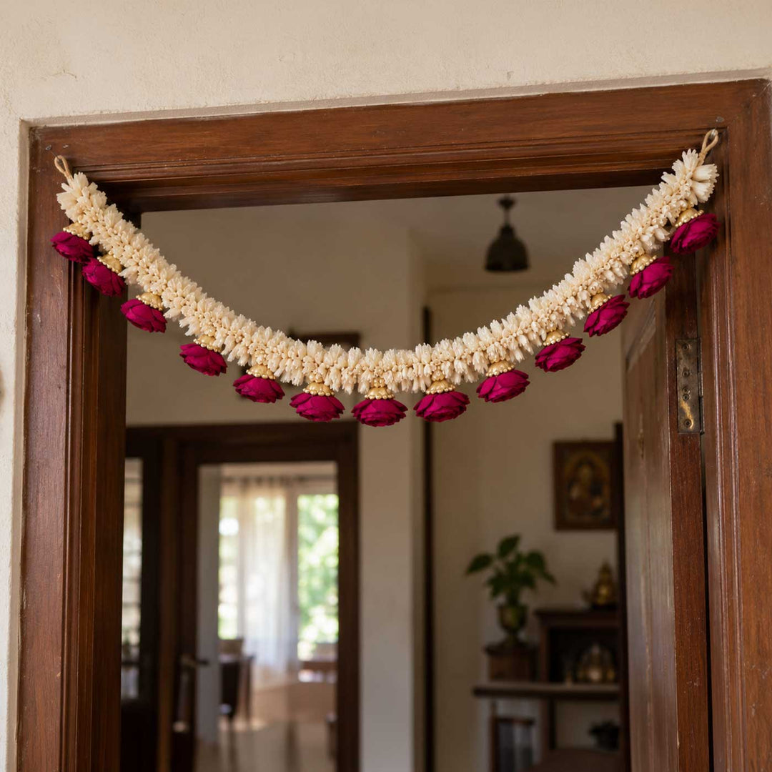 Handmade Gulab Rani Maroon & Ivory Sola Wood Rose Flower Toran with Gold Beads