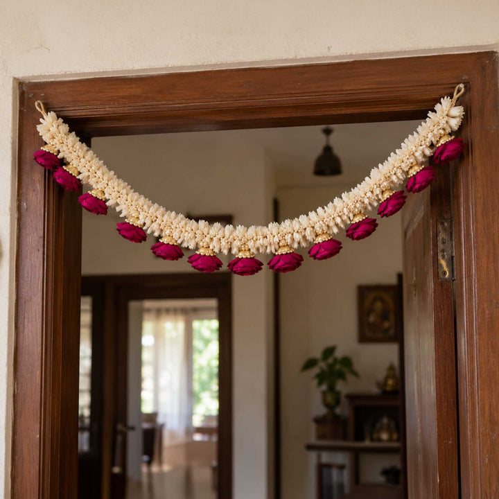 Handmade Gulab Rani Maroon & Ivory Sola Wood Rose Flower Toran with Gold Beads