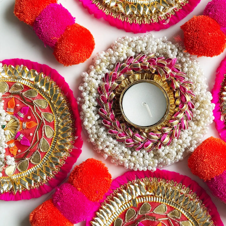 Reusable Gota Patti Pink Diya Design Rangoli | Set Of 9