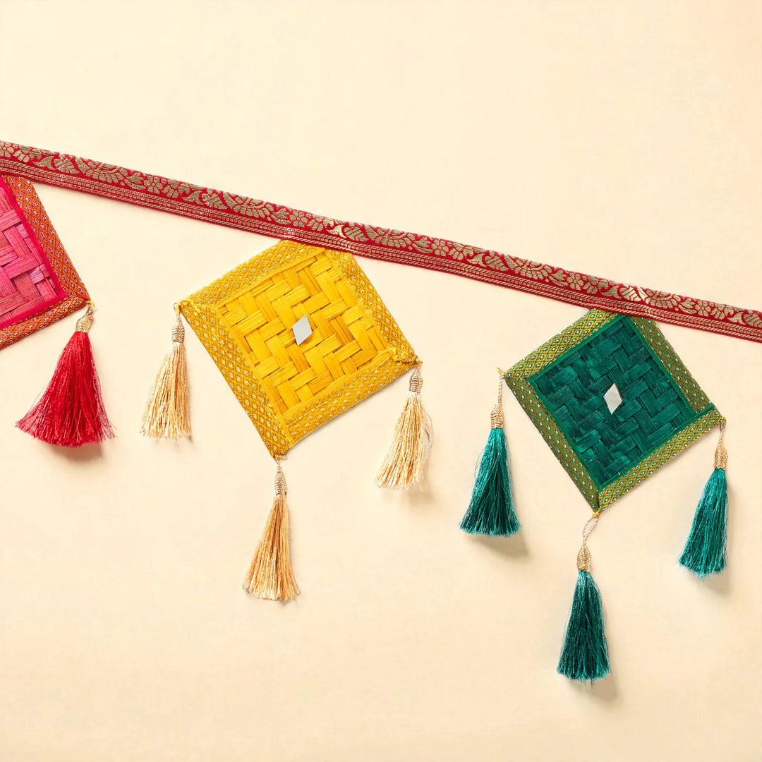 Multicoloured Kite Shaped Eco-Friendly Handmade Woven Bamboo Toran | 41 Inch x 7 Inch